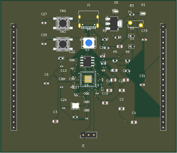 KiCad 2D PCB layout of a Synth-generated field node board with RP2350 MCU